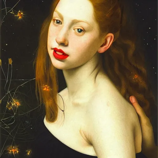 Prompt: portrait of a young woman, among the lights of golden fireflies and nature, long loose red hair, intricate details, green eyes, hint of freckles, round gentle face, happy cheeky smile with red lips, deep focus, smooth, sharp, golden ratio, hyper realistic art by artemisia lomi gentileschi and caravaggio and artgerm