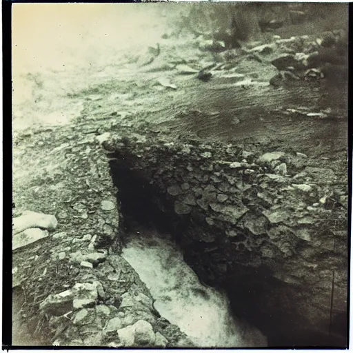 Prompt: looking over the edge of a deep dark shaft with rushing water, creepy, eerie, unsettling, terrifying, jagged rocks, dark, old polaroid, expired film,