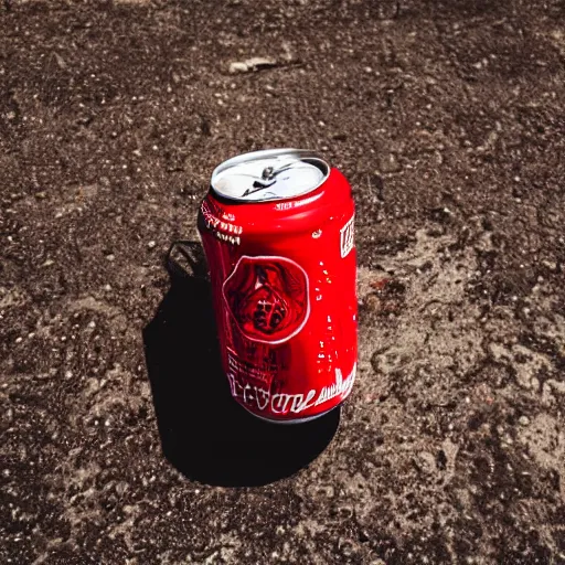 Prompt: a red soda can that says Devil's Foot on it, sweating, close-up, sigma 55mm f/8