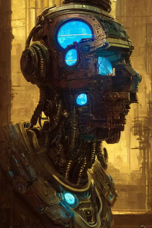 Prompt: A cyberpunk very highly detailed robot with very highly detailed face in the Tavern in a very highly detailed cyberpunk middle age sci-fi style, digital rational painting art by Greg Rutkowski, sci-fi highly detailed, digital concept art, Dimensional cyan gold natural light, sharp focus, Golden Ratio illustration, realistic concept art by Stephen Hickman and James Gurney and Hiromasa Ogura Ghost in the Shell rendered in Octane Render, From the distance