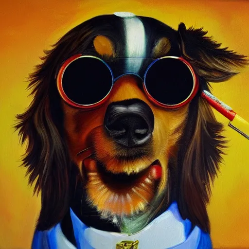 Prompt: oil painting of a badass dog with sunglasses smoking a blunt