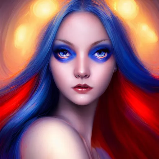 Prompt: perfectly - centered close - up portrait - photograph of blue - haired goddess with glowing - red - eyes, the perfect human female specimen, intricate, elegant, super highly detailed, professional digital painting, artstation, concept art, smooth, sharp focus, no blur, no dof, extreme illustration, unreal engine 5, 8 k, by anne stokes