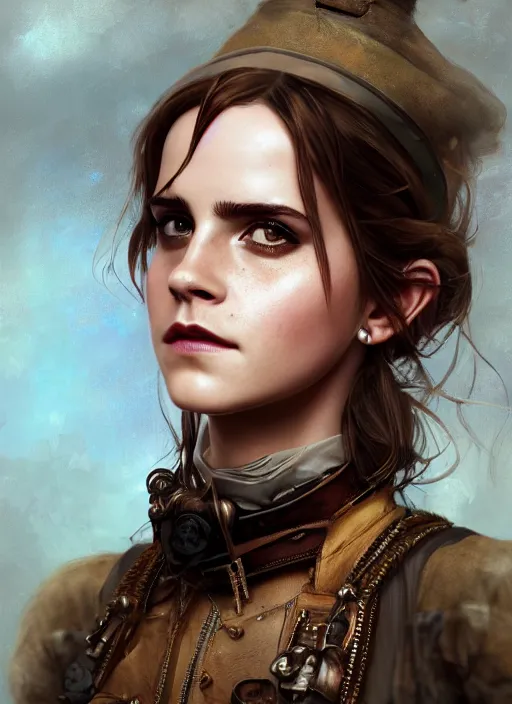 Image similar to steampunk portrait of emma watson, au naturel, hyper detailed, digital art, trending in artstation, cinematic lighting, studio quality, smooth render, unreal engine 5 rendered, octane rendered, art style by klimt and nixeu and ian sprigger and wlop and krenz cushart.
