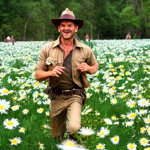 Prompt: indiana jones, frolicking through daisies