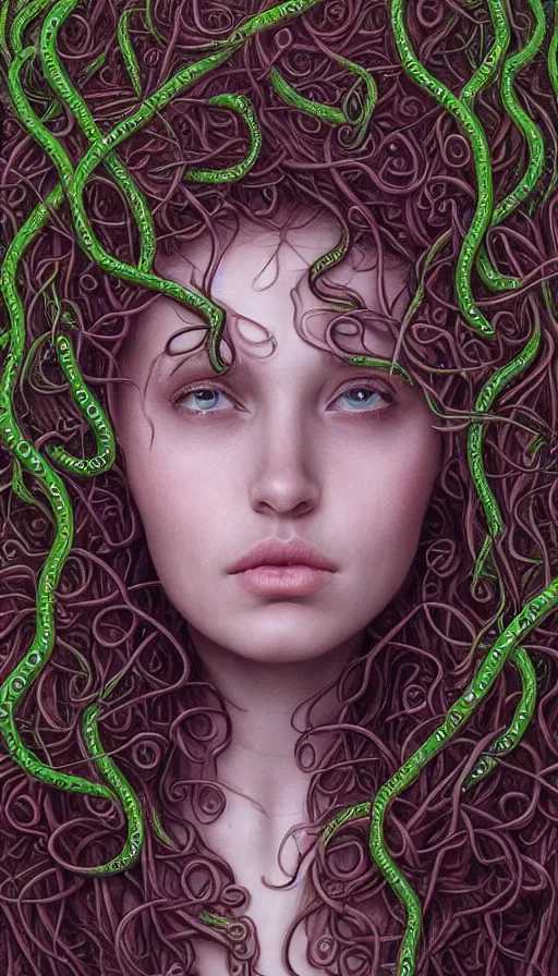 Image similar to very detailed portrait of a 2 0 years old girl surrounded by tentacles, the youg woman visage is blooming from fractal and vines, by jason de graaf