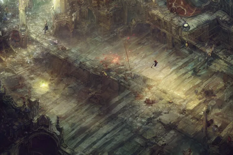 Prompt: a man tripping over a sword in an arena, fantasy, digital art, tone mapping, akihiko yoshida, james jean andrei riabovitchev marc simonetti, yoshitaka amano, greg rutkowski