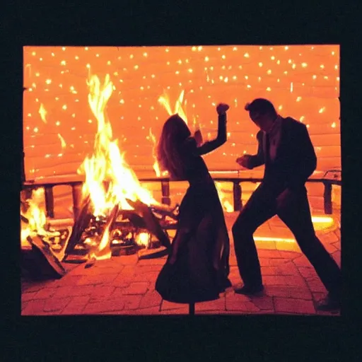 Prompt: anything you can't control, just let go, dancing by the fire at night