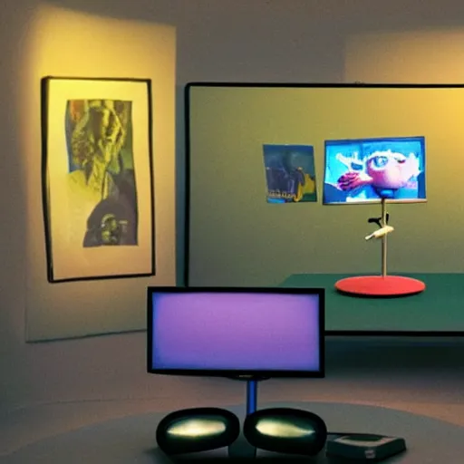 Prompt: crt televisions in a room with a lamp, claymation, 3 d, pixar, film grain, fisheye lens, made out of clay