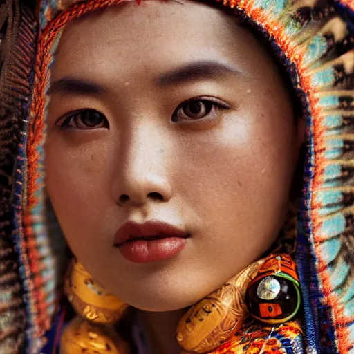 Image similar to vintage portrait of a stunningly beautiful asian tribal female, depth of field, zeiss lens, detailed, symmetrical, centered, fashion photoshoot, by edward s curtis, Annie Leibovitz and Steve McCurry, David Lazar, Jimmy Nelsson, Breathtaking, 8k resolution, extremely detailed, beautiful, establishing shot, artistic, hyperrealistic, beautiful face, octane render