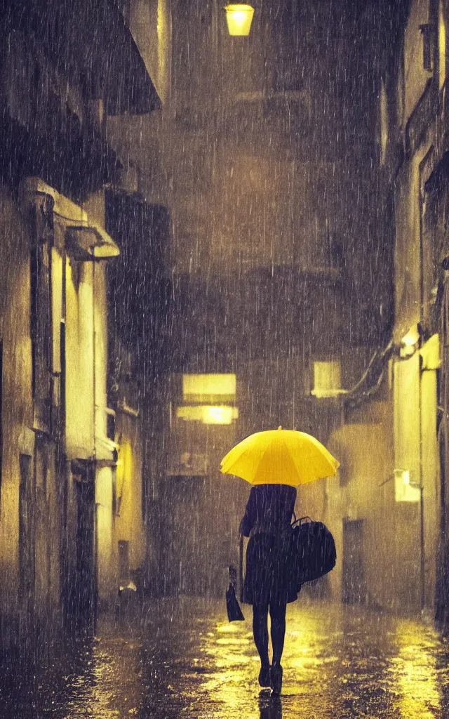 Image similar to a woman holding a yellow umbrella walking on the wet street on a rainy night in a fukuoka alley way by wes anderson and makoto shinkai. dramatic lighting. cel shading.