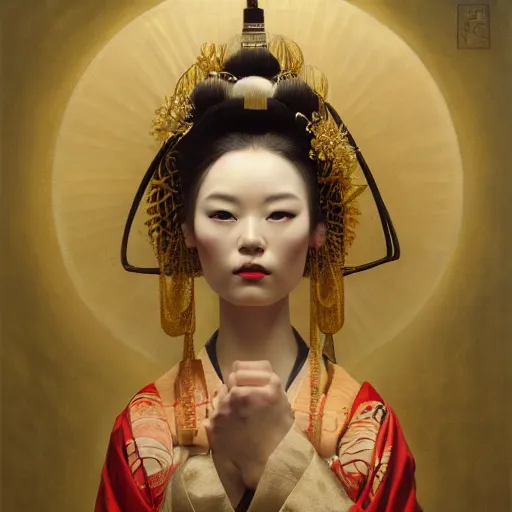 Prompt: highly detailed oil painting | very intricate | cinematic lighting | award - winning | the scandinavian viking geisha in an exquisite tribal kimono | by roberto ferri, by tom bagshaw, by j. c. leyendecker and klimt, beautifulh cinematic light, american romanticism, by austin osman spare, artstation, cgsociety, official art, octane