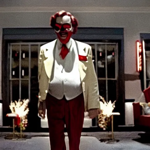 Prompt: A still of Ronald McDonald in The Godfather, cinematic lighting