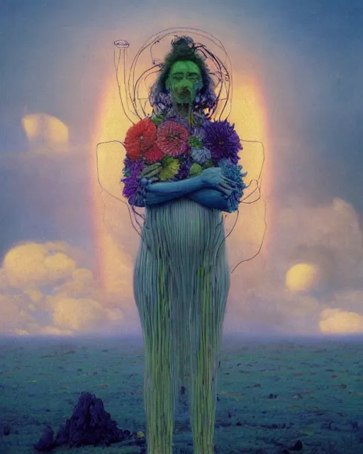 Prompt: A portrait of a woman wearing clothes made out of dying flowers, nuclear explosion in the background, Masterpiece, rainbow colored skin, glowing, wires everywhere, by Edgar Maxence and Ross Tran, Zdzisław Beksiński, and Michael Whelan, distant, gustav dore, H.R. Giger, 8k, octane render