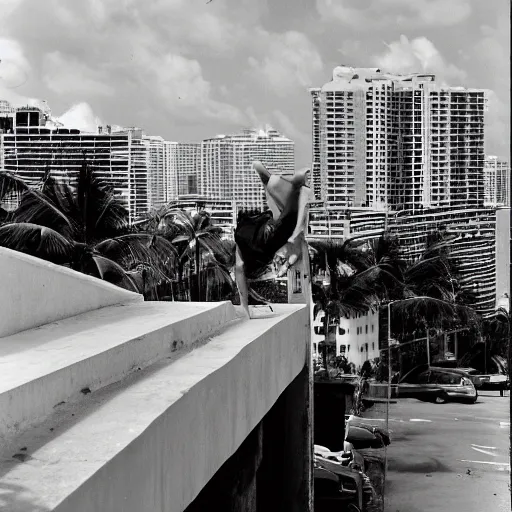 Prompt: A man doing a backflipping between rooftops in Miami, Motion Blur, photographed by Henri Cartier-Bresson on a Leica camera