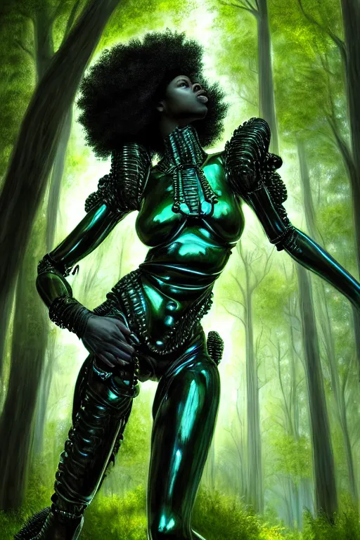 Image similar to hyperrealistic post - baroque super expressive! black woman with exoskeleton armor, merging with tree in a forest, highly detailed digital art masterpiece smooth cam de leon eric zener dramatic pearlescent blue green light ground angle hd 8 k sharp focus