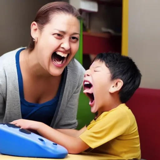 Image similar to child shout on his mother who play computer games and smile.