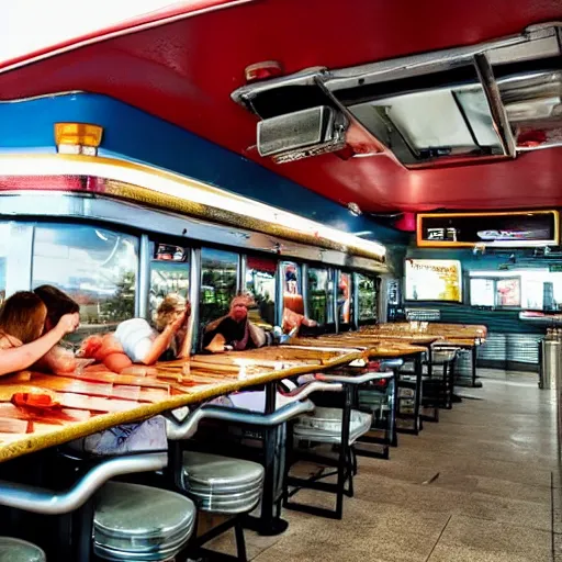 Image similar to trucks eating at a truck stop restaurant, photography, diner, food,