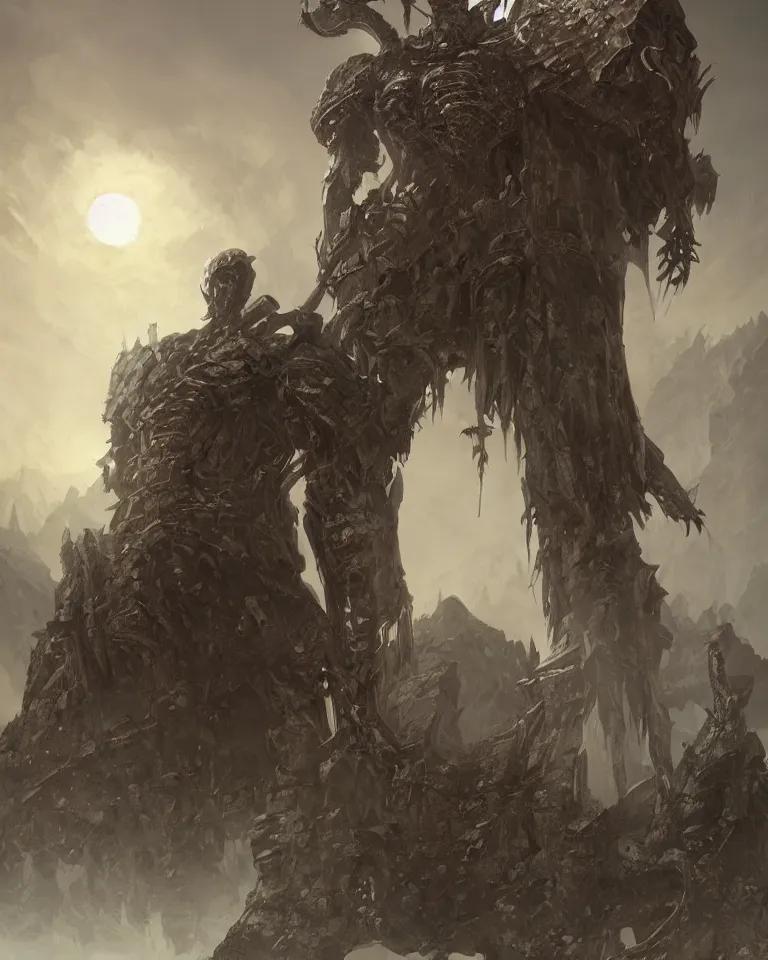 Image similar to a giant skeleton overlooking a tombstone mountain, elden ring boss, dark souls boss, trending on cgsociety, concept art by wayne haag and ignacio fernandez rios and wlop