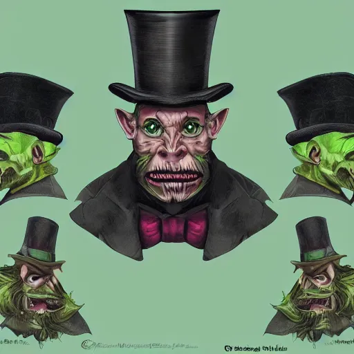 Prompt: a cartoonishly evil goblin, supervillain, top hat and luxurious moustache, green skin d & d character portrait, victorian clothing, digital art, 8 k,