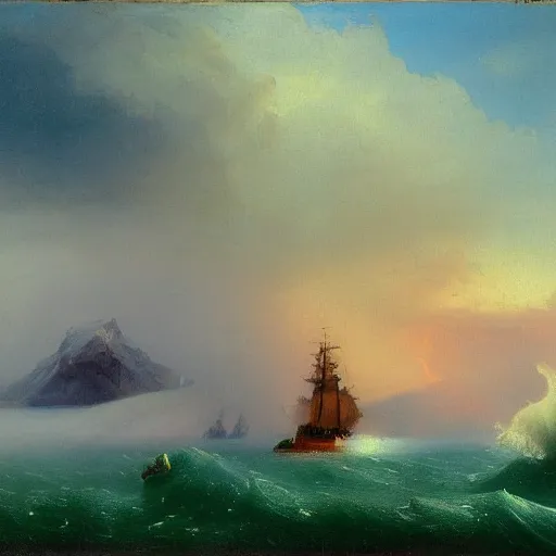 Image similar to red clouds and green ocean in iceland fjord with sailboat painting by ivan aivazovsky