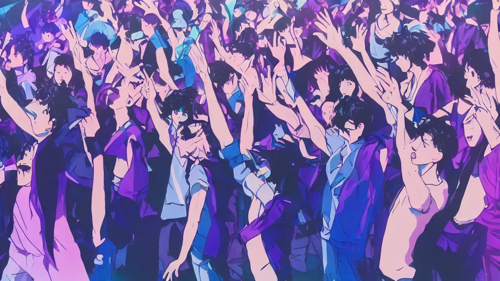 Prompt: a group of people seen from the front dancing together at a concert,, dark blue and intense purple color palette, in the style of yoshiyuki tomino