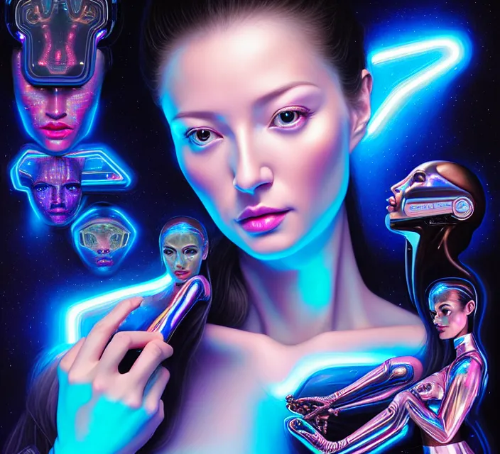 Image similar to beauty woman in holograms of alien artifacts, electrical case display, total recall tech, , ultrarealistic, dramatic lighting, electrical details, high details, 4k, 8k, best, accurate, trending on artstation, artstation, photorealism, ultrarealistic, digital painting, style of Tristan Eaton Stanley Artgerm and Hajime Sorayama, Caravaggio, Boris Vallejo