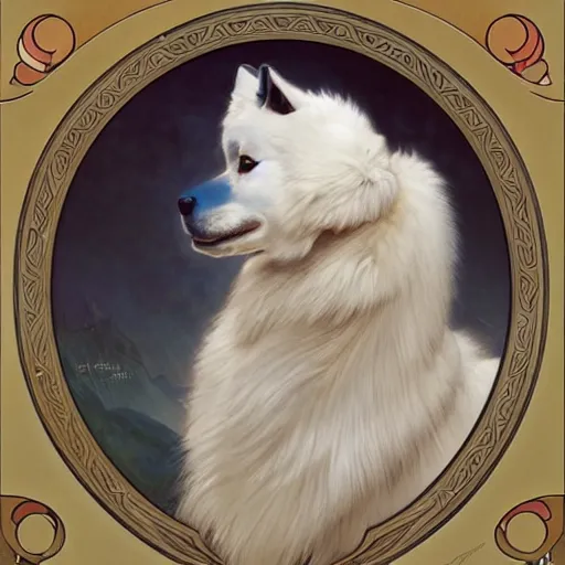 Image similar to samoyed dog, intricate, art by artgerm and greg rutkowski and alphonse mucha and william - adolphe bouguereau, high detailed, 4 k,