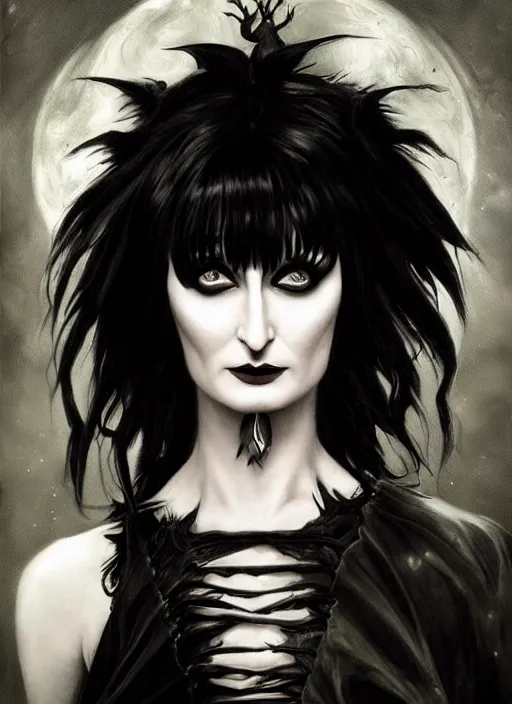 Prompt: portrait of siouxsie sioux, dark and ethereal, expressive pose, peaceful expression, dark gothic dress, fantasy, intricate, dark forest background, highly detailed, digital painting, artstation, concept art, smooth, sharp focus, illustration, art by artgerm and greg rutkowski and scott m fischer