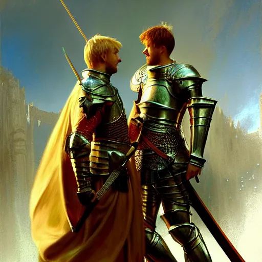 Image similar to attractive arthur pendragon and his favourite attractive male knight, they are in love, camelot, natural lighting, path traced, highly detailed, high quality, digital painting, by gaston bussiere, craig mullins, j. c. leyendecker