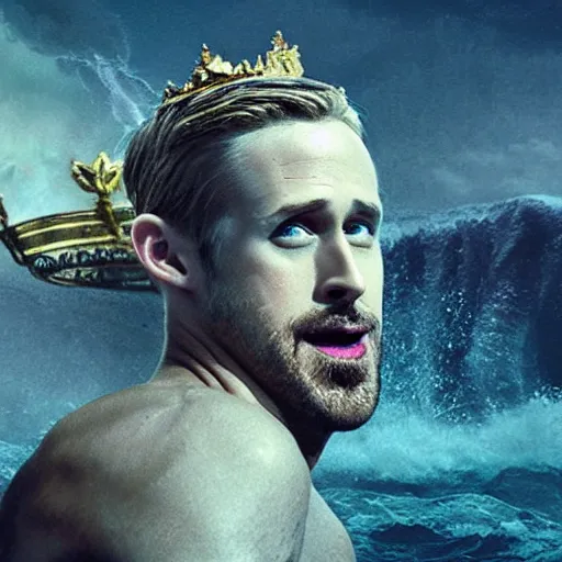 Prompt: screaming Ryan Gosling as Poseidon with trident and crown on head, the king of the sea, ready to fight, matte painting, dark colors