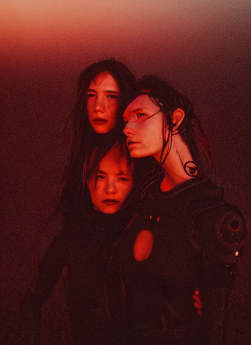 Image similar to cinestill 5 0 d photographic portrait of two loving female androids wearing rugged black mesh techwear on a desolate plain with a red sky, extreme closeup, cyberpunk style, garters, dust storm, 8 k, hd, high resolution, 3 5 mm, f / 3 2, ultra realistic faces, ex machina