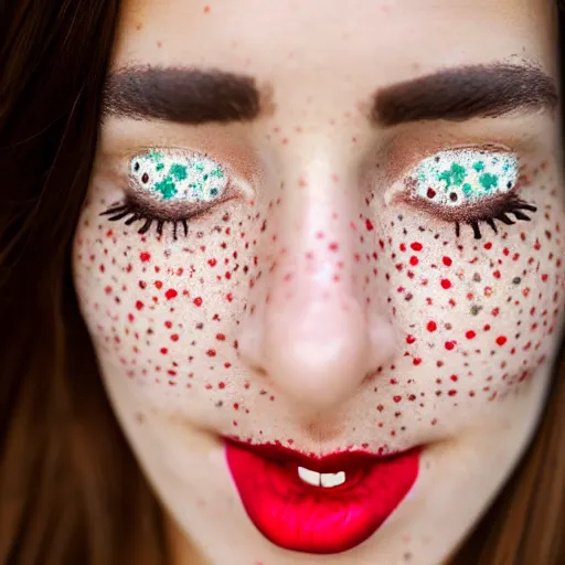 Image similar to close up portrait photograph of the left side of the face of a brunette woman with stars inside her eyes, red lipstick and freckles. she looks directly at the camera. Slightly open mouth, face covers half of the frame, with a park visible in the background. 135mm nikon. Intricate. Very detailed 8k. Sharp. Cinematic post-processing. Award winning portrait photography