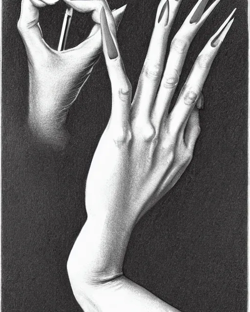 Image similar to drawing lesson, acurate, real, one elegant female hand, holding a cigarette with her fingers,highly detailed, elegant up to the elbow, only five fingers, separated, elegant, neat nails, fotorealism, advertisement for a crossover salon, style by Maurits Cornelis Escher, 8k,