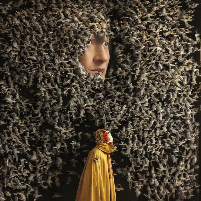 Image similar to a woman wearing a hood made of birds, in an abandoned office building, by jan van eyck, canon eos c 3 0 0, ƒ 1. 8, 3 5 mm, 8 k, medium - format print