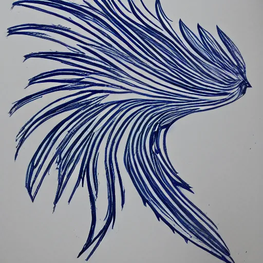 Image similar to single line drawing of a phoenix, blue ink pen