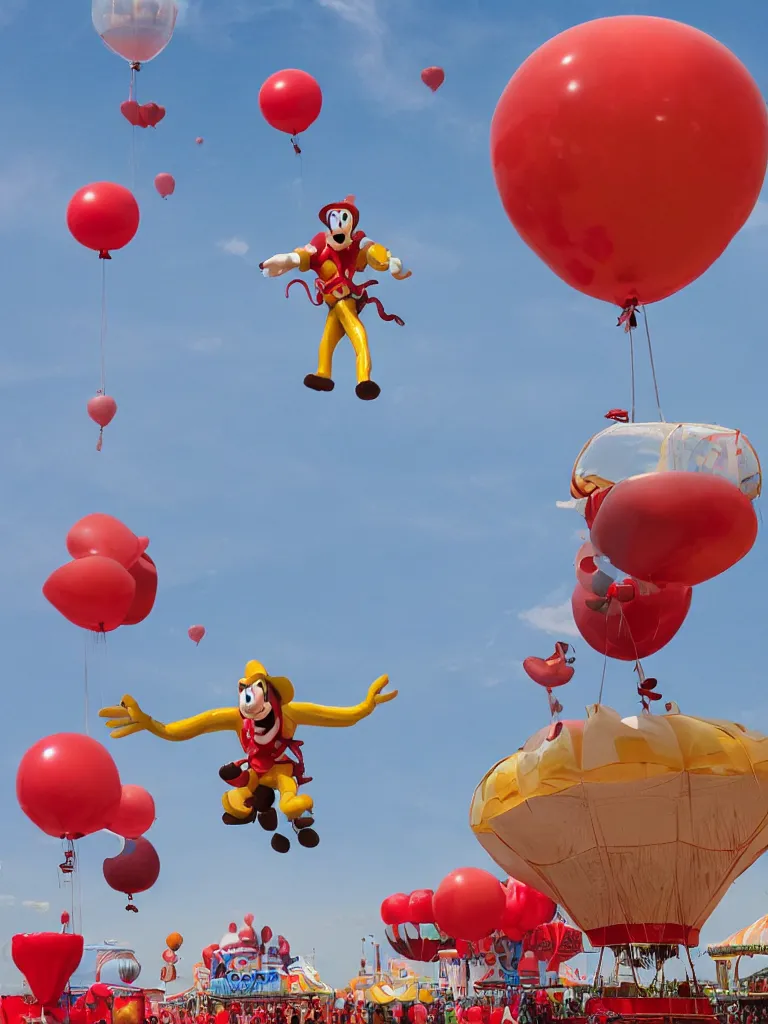 Prompt: balloon man with red balloons at the fair by disney concept artists, blunt borders, rule of thirds