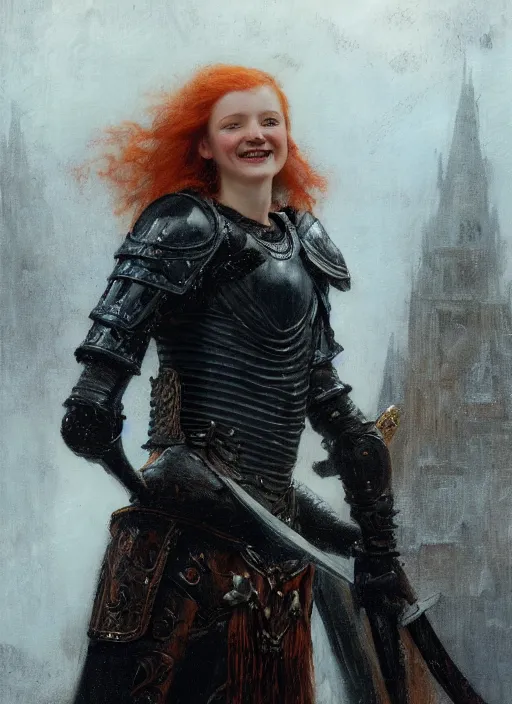 Prompt: young smiling redhead wearing black medieval armour, detailed, by gaston bussiere, bayard wu, greg rutkowski, giger, maxim verehin, greg rutkowski, masterpiece, sharp focus, cinematic lightning