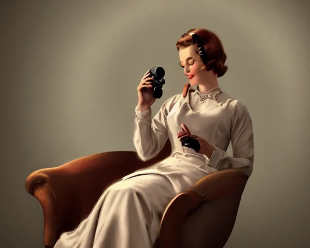 Prompt: beautiful vintage woman sitting in a loveseat using a rotary phone, cinematic lighting, George Stubbs, artstation