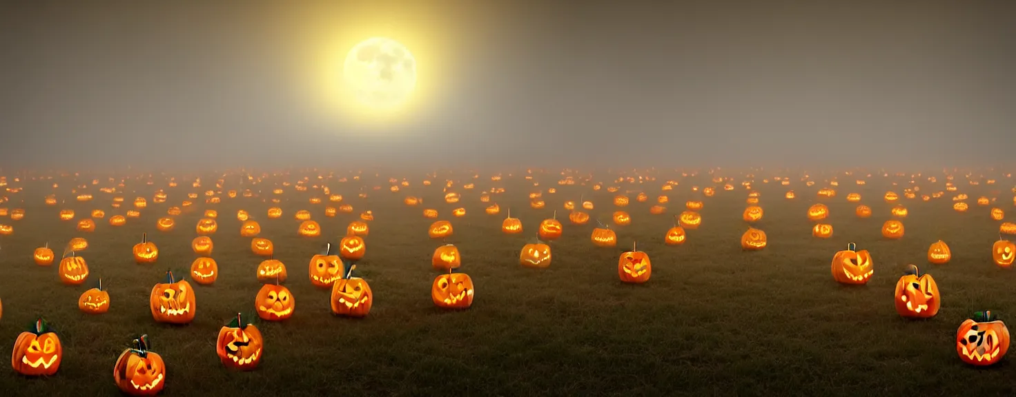 Prompt: A field of scary Halloween pumpkins with eyes looking straight into camera, full moon lighting, foggy November atmosphere, cinematic lighting, super photorealistic image, 4K, super detailed, cinematic look