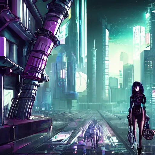 Image similar to a cyberpunk world and a gothic girl