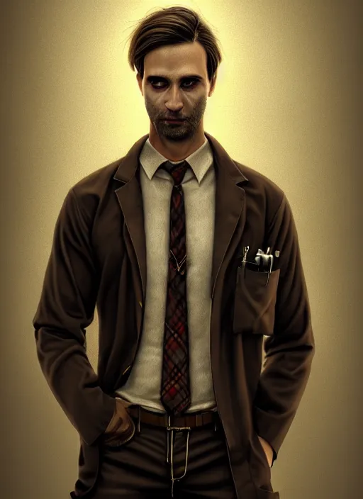 Image similar to male surgeon, brown hair, khakis, plaid shirt, gothic, moody, noir, diffuse lighting, fantasy, intricate, elegant, highly detailed, lifelike, photorealistic, digital painting, artstation, illustration, concept art, smooth, sharp focus, art by John Collier and Albert Aublet and James jean and Brian froud and ross tran and Artem Demura and Alphonse Mucha