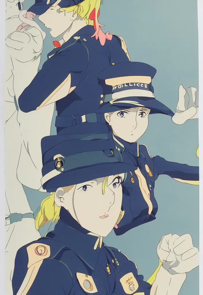 Image similar to a police woman, animation cel for anime movie, designed by haruhiko mikimoto, studio trigger, gainax, subtle colors