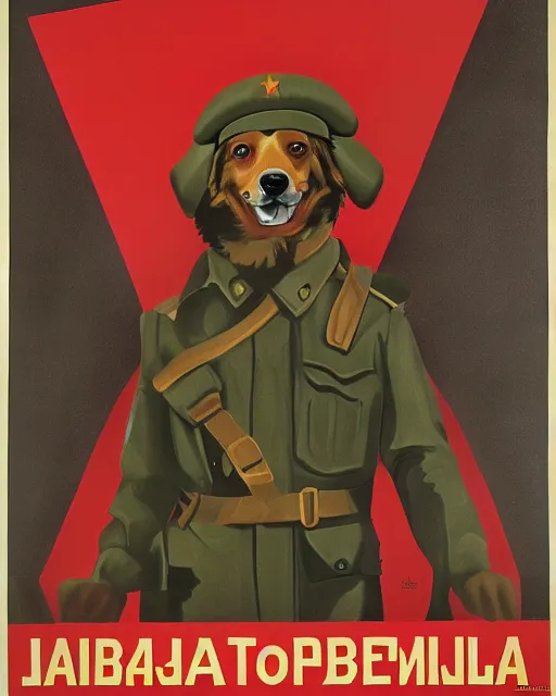 Prompt: communist propaganda poster of an australian shepherd soldier, soviet art