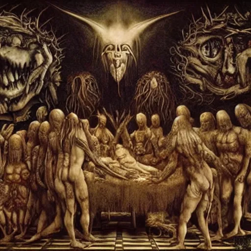 Prompt: Members of a cult gather and summon a Blood Moom, surreal, dark, detailed, intricate, made by Leonardo Da Vinci and H R Giger