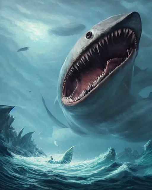 Prompt: A monstrous giant megalodon in the middle of the sea, fantasy art, in the style of greg rutkowski, illustration, epic, fantasy, intricate, hyper detailed, artstation, concept art, smooth, sharp focus, ray tracing