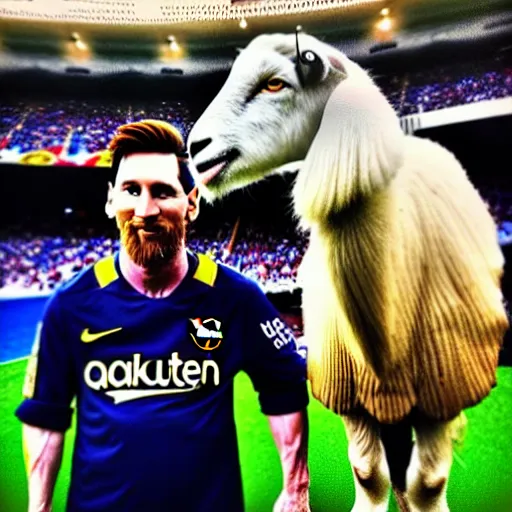 Image similar to lionel messi standing beside a majestic goat, intricate, elegant, highly detailed