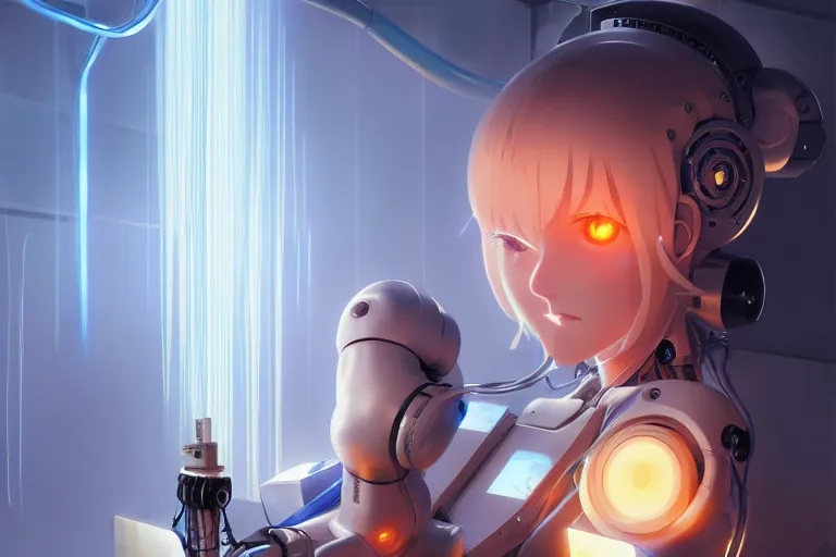 Image similar to datacenter room connects cables young robot server android baroque oil painting finely detailed perfect face flowing long fiberoptics blonde hair robot eyes blue. anime shinkai takeuchi key visual of character concept art metal female robot body suit pixiv fanbox, painted by greg rutkowski