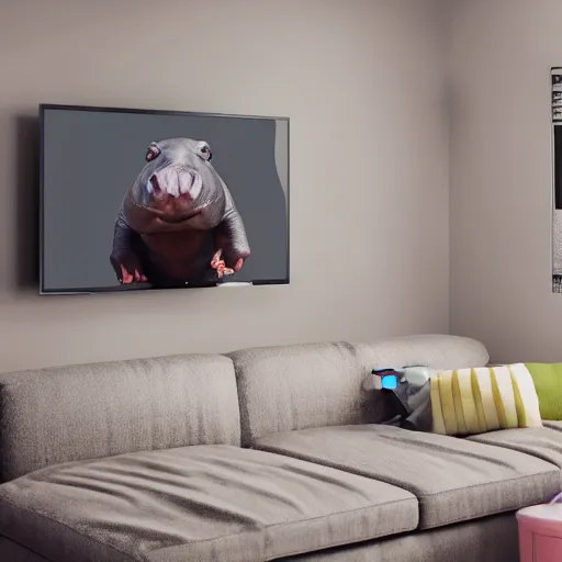 Image similar to a baby hippo lives in a cozy house. it likes to watch tv in the family room. digital art. 3 d render, photorealistic, hyper realistic, ue 5, octane.