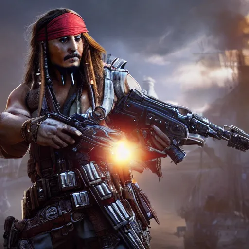 Image similar to captain jack sparrow in'gears of war '!!!, splash art, movie still, cinematic lighting, dramatic, octane render, detailed face, long lens, shallow depth of field, bokeh, anamorphic lens flare, 8 k, hyper detailed, 3 5 mm film grain