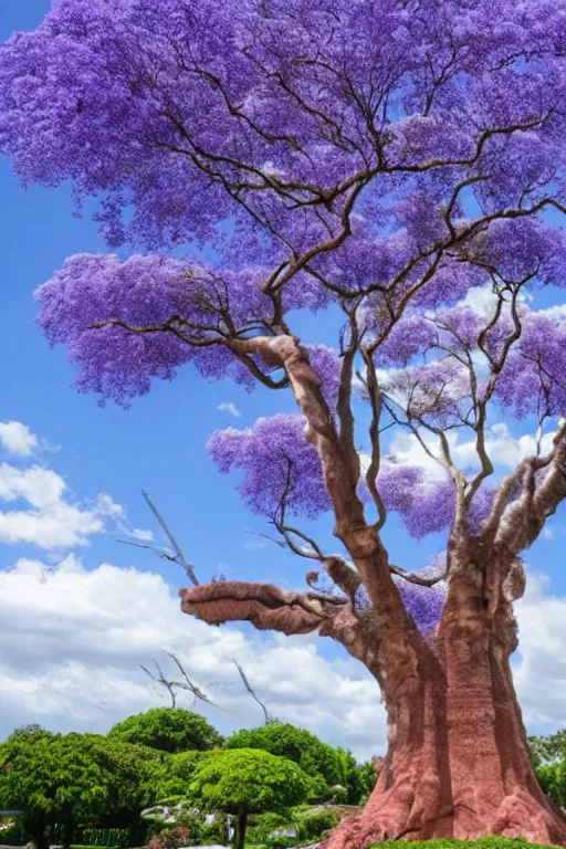 Image similar to huge world jacaranda tree with purple colored flowers, + lightning bolt, + antique,
